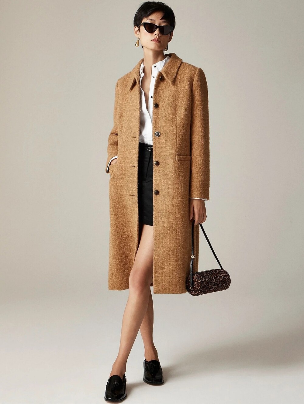 J. Crew Tweed Lady Day Topcoat Soft Brown Long Wool Coat Camel Tan Retro Vintage